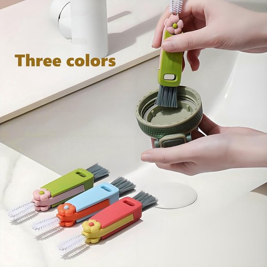3 stuks 3-in-1 reinigingsborstel voor bekerdeksel, multifunctionele reinigingsborstel voor voegen, draagbaar, voor flessendeksels, verschillende kopjes (blauw, groen, roze) — afbeelding 3