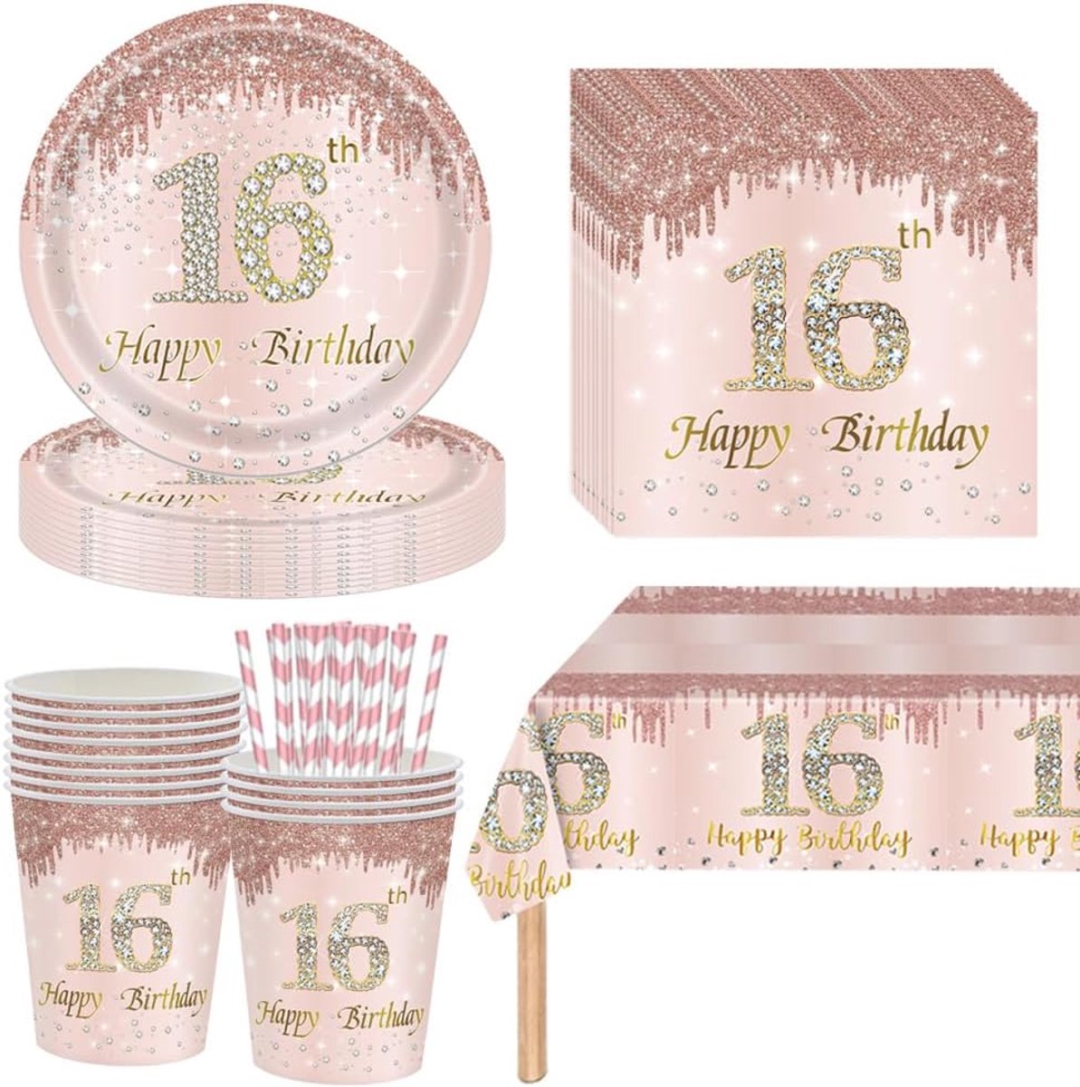 16e verjaardag meisjes partyservies - Sweet 16 partyborden, papieren borden, bekers, tafelkleed, servetten voor decoratie 16e verjaardag meisjes tafeldecoratie voor 16 gasten