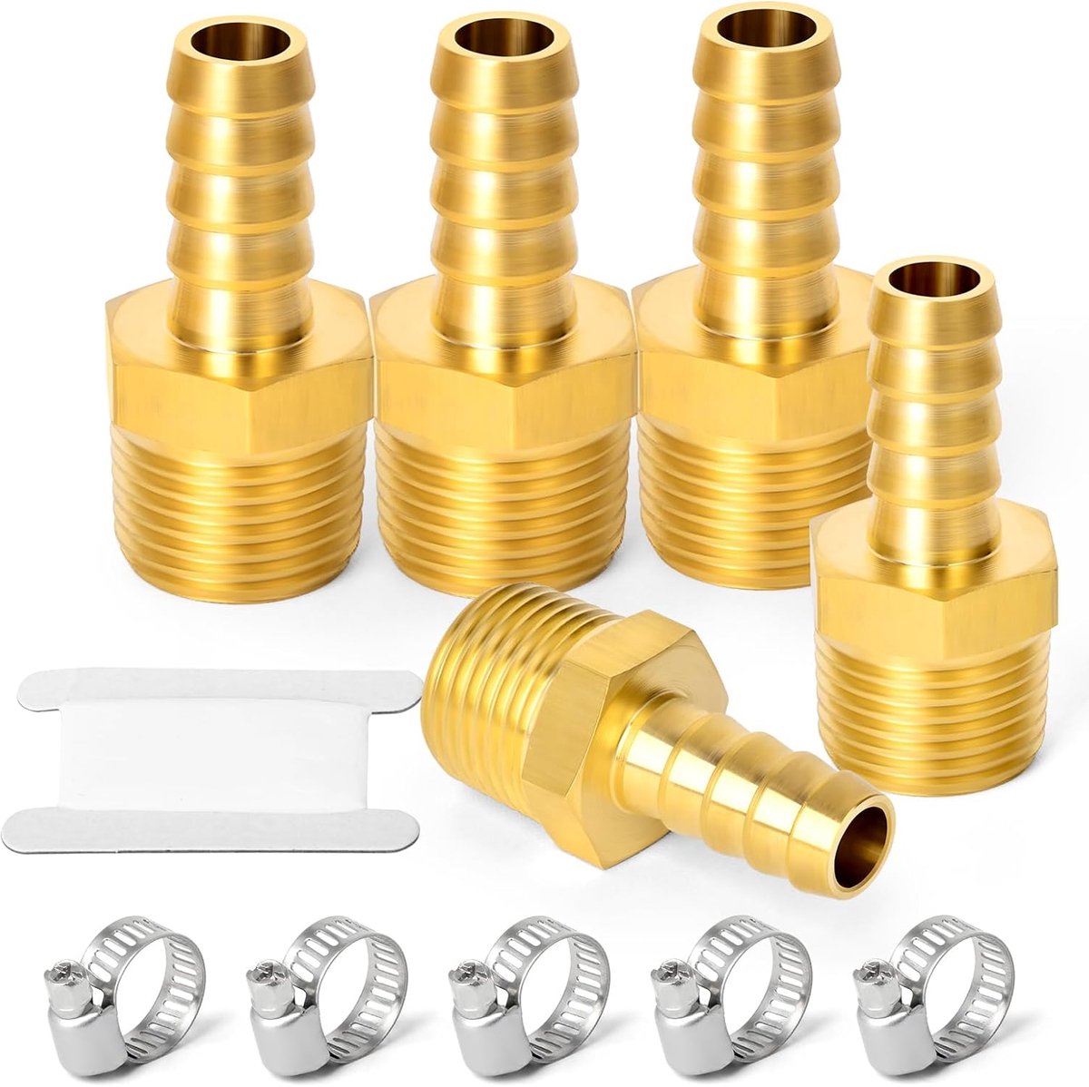 5 stuks Luchtslangkoppelingen, slangpilaarkoppelingen 3/8" bar x 12mm" MBSP pijpadapter met 5 stuks slangklemmen