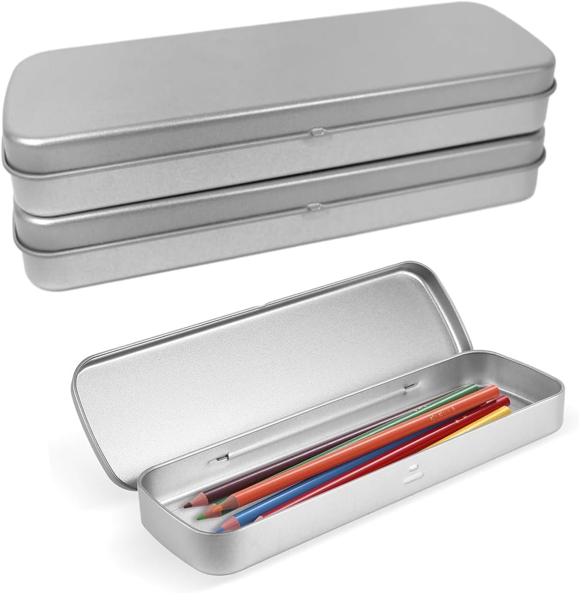 Metalen pennenpotlood, 3 stuks, metalen rechthoekige etui, borstelopslag, schoolmake-up borsteldoos voor schoolbenodigdheden, pennenhouder, make-upborstels organizer (zilver)