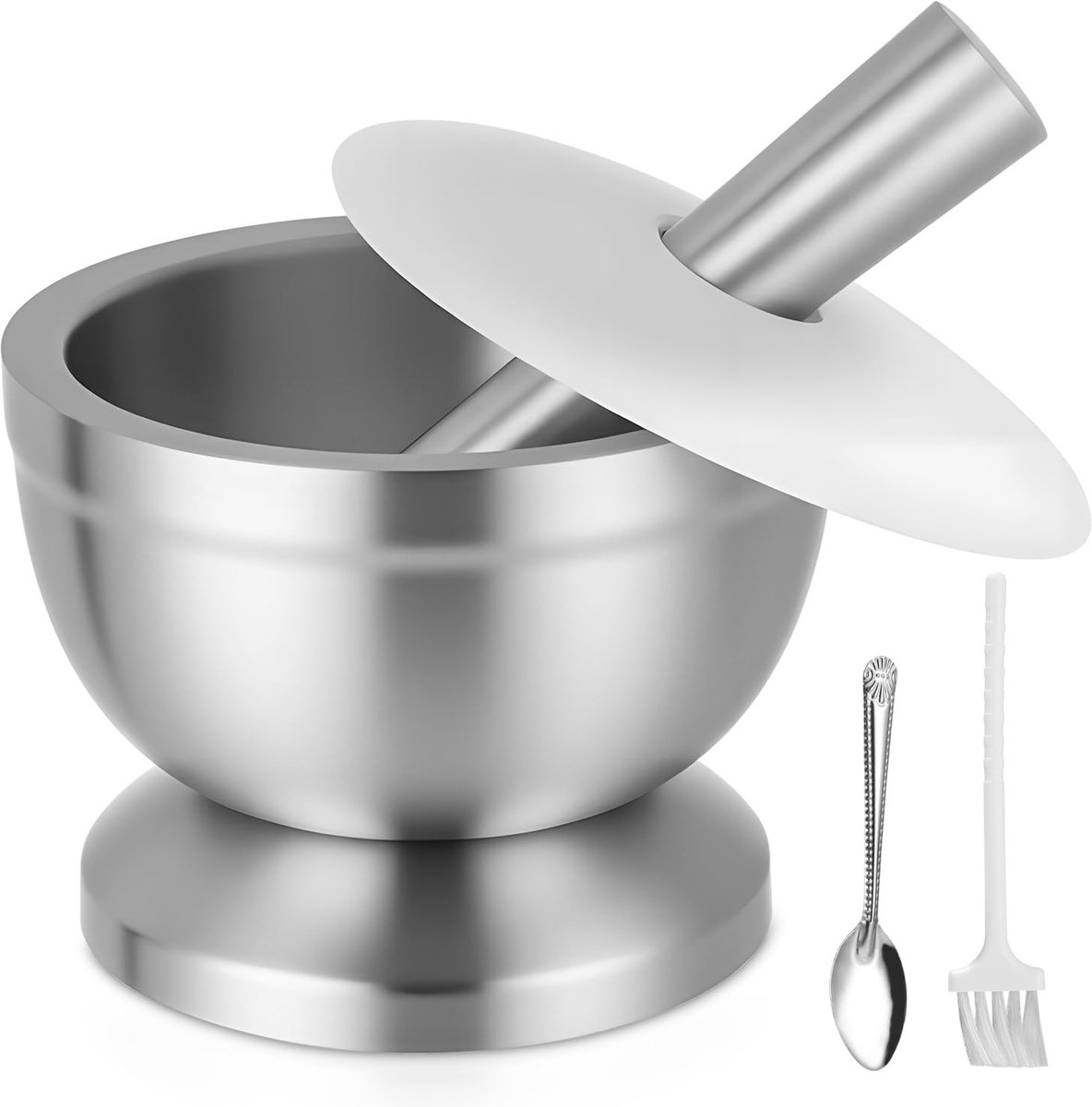 Vijzel met stamper set met stamper, klein, lepel en siliconen deksel, kruidenmolen, breker, kruidenschaal, is de perfecte combinatie van malen, mengen en bewaren (350 ml)