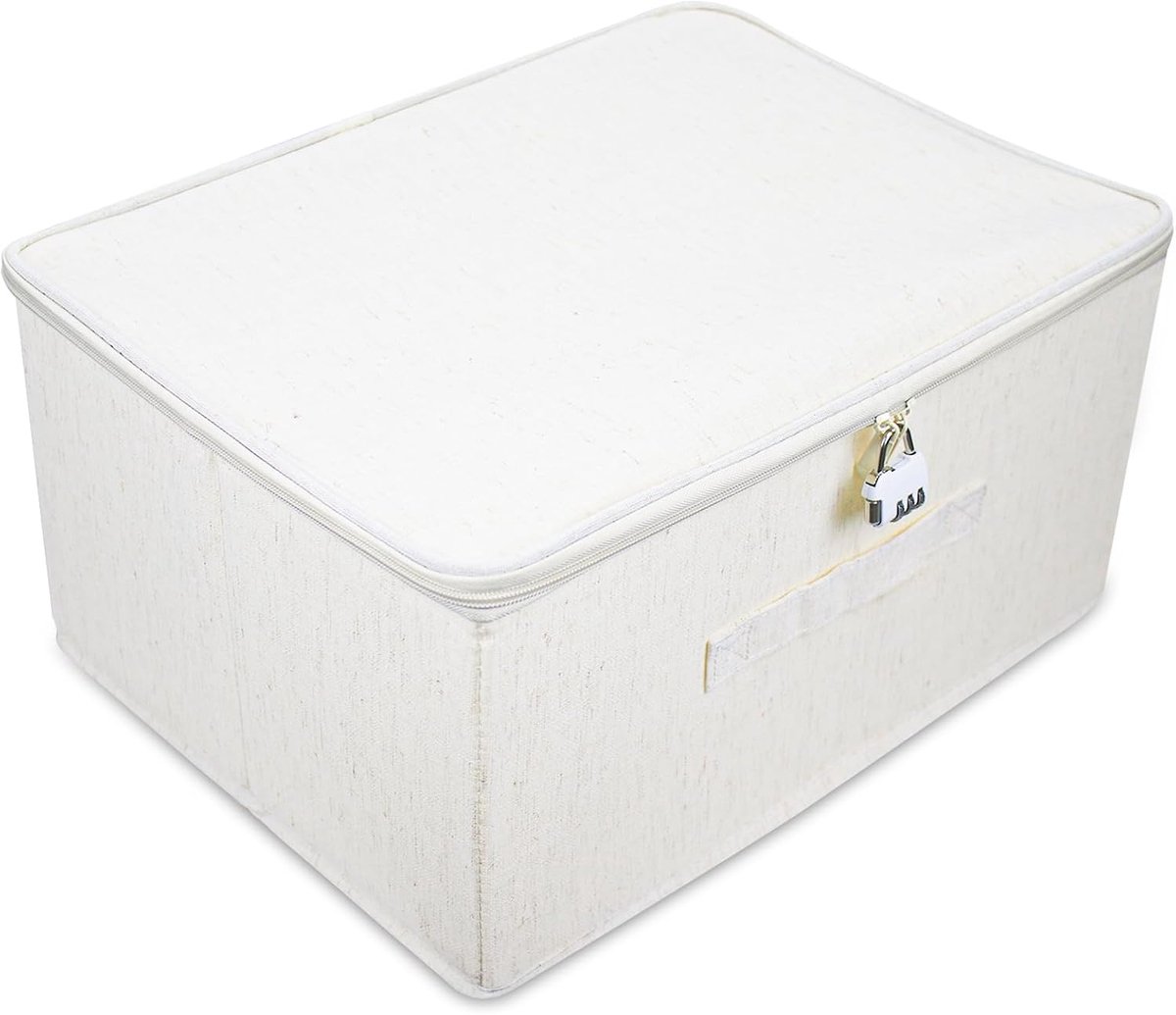 doos, opvouwbare stoffen box met handgrepen, box met slot, afsluitbare kist voor vrouwen en mannen, beige, kist met slot voor kleding, speelgoed (40 x 30 x 21 cm)