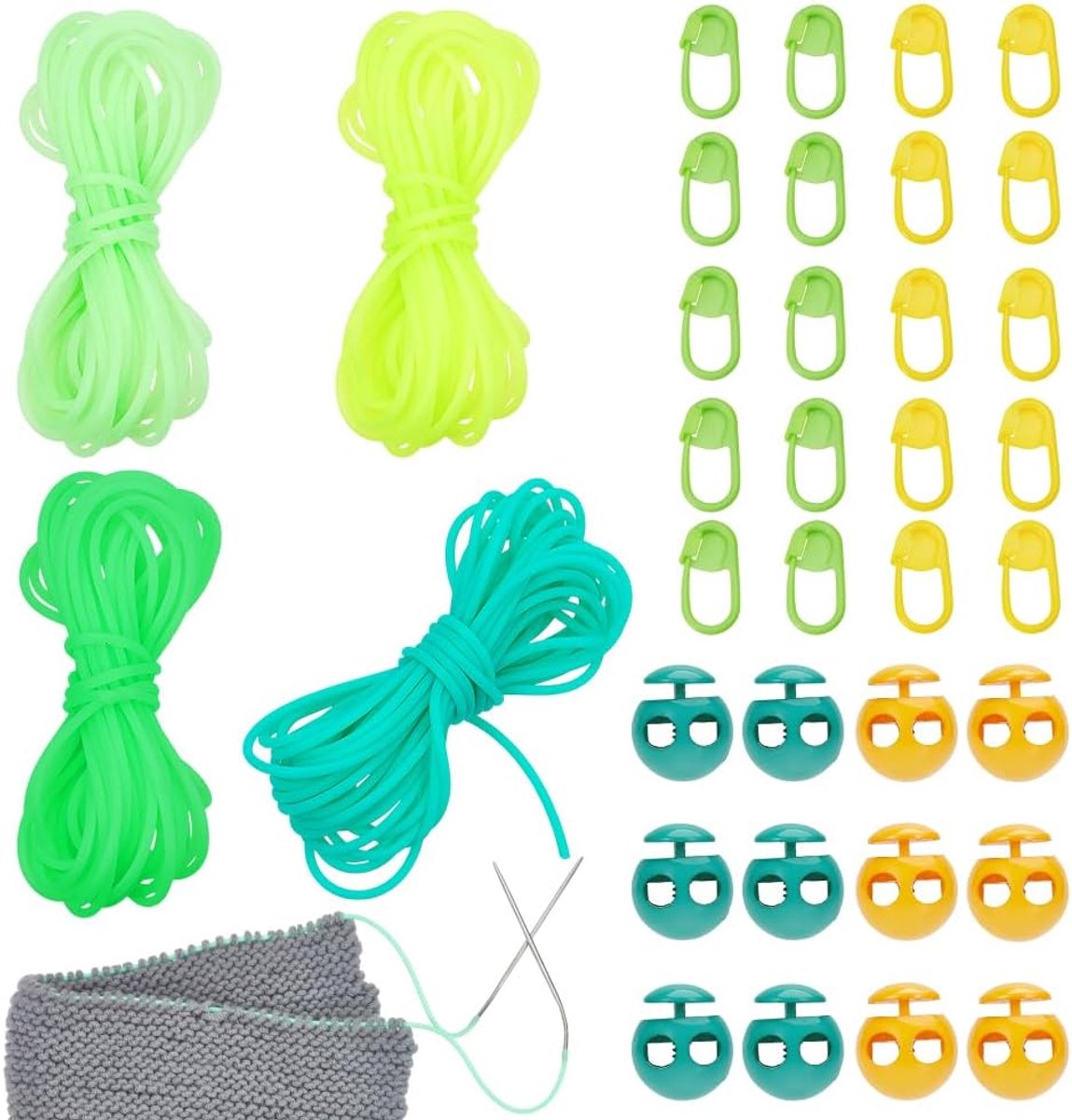 Cord Lock Kit, inclusief 20m/21,87 yard synthetische rubber steek-bewaarcord met 12 stuks naaldstoppers en 20 stuks steekmarkeringen voor breiprojecten breien