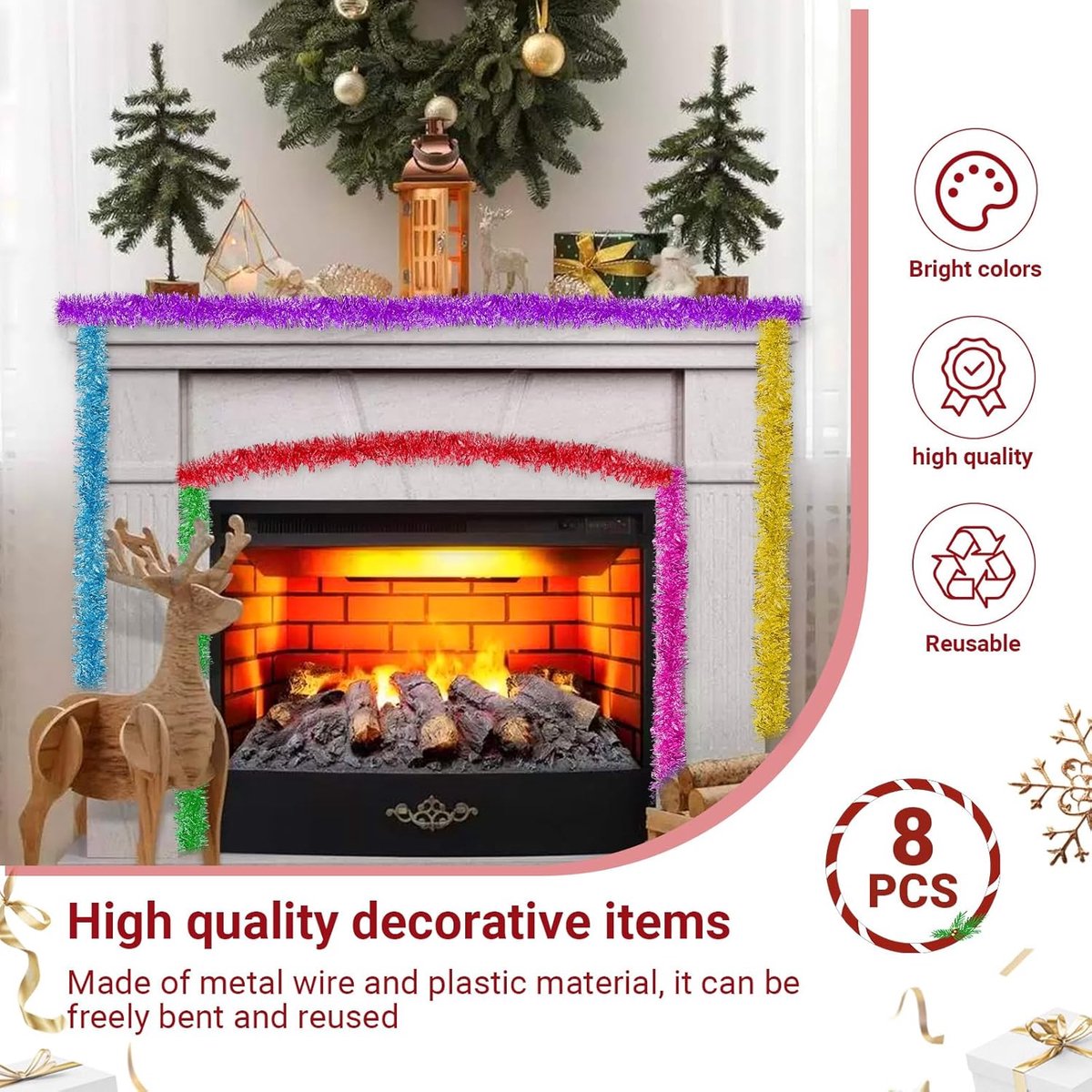 Kerstboom, 4 stuks × 2 m, kerstslinger, 8 m, kerstdecoratie, lametta-slinger in goud, blauw, groen, wit, kerstboomdecoratie voor binnen en buiten (zilveren klokken) – foto 3