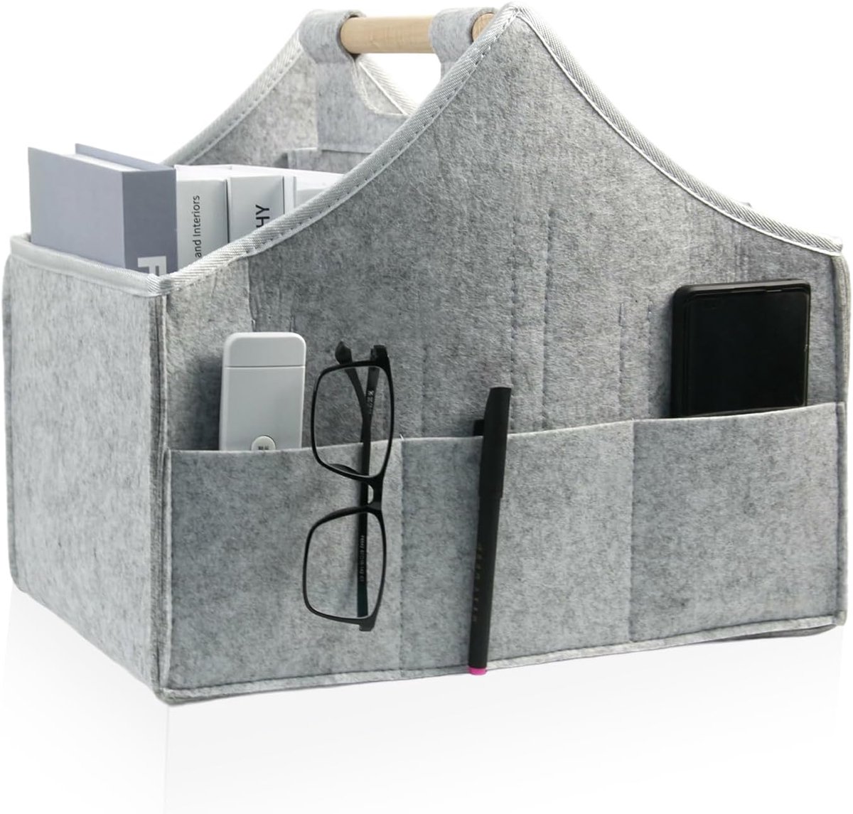 vilten opbergmand - opvouwbare organizerbak met 6 verstelbare compartimenten en voorzakken, 38 x 32 x 25 cm opvouwbare was/speelgoed/boekmand, 10 kg capaciteit voor thuisorganisatie