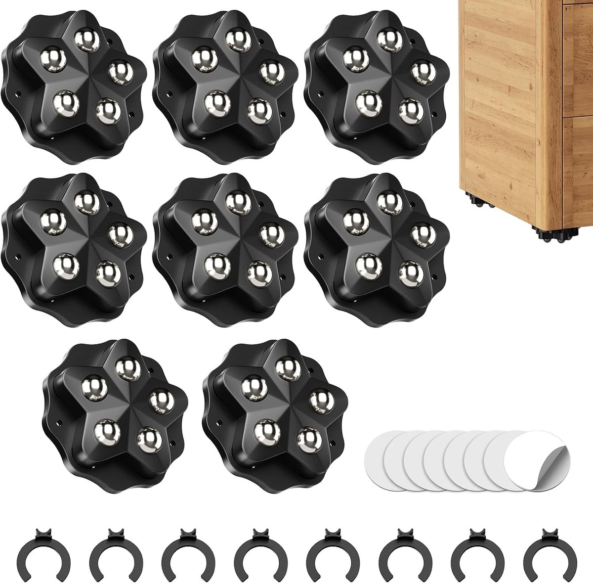 Zelfklevende 360 graden kogelwielen, 8 stuks, kogelwielen, zware belasting met 5 stalen kogels, zelfklevende rollen voor keukenapparaten, meubelwielen, plat, met 8 remmen en 8 stille stickers
