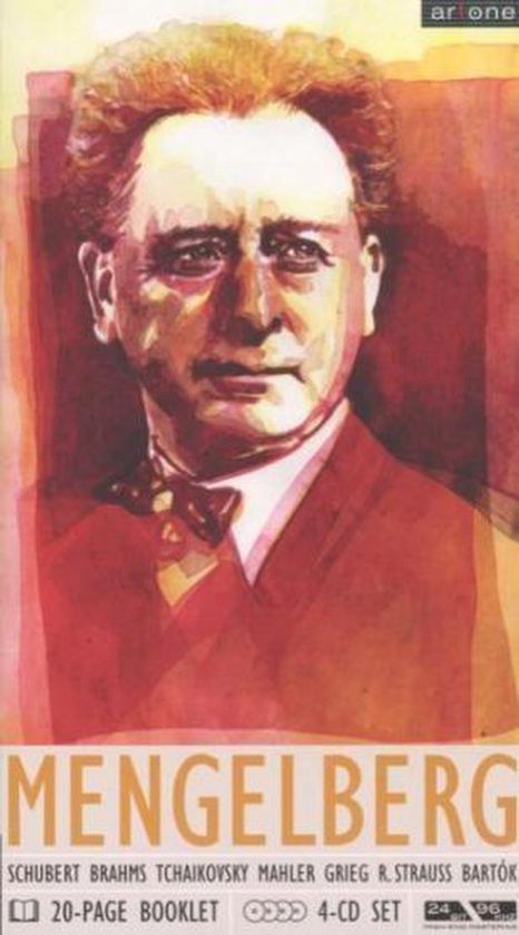 Portret van Willem Mengelberg in rood pak met vlinderdas. Titel: MENGELBERG. 20-pagina's booklet, 4-CD set.