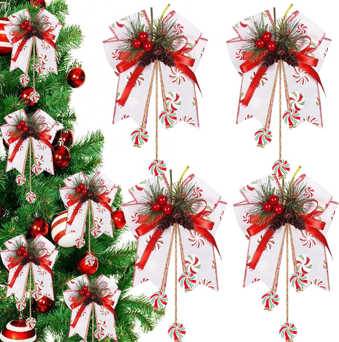 Strikken, 4 stuks, grote rode strikken voor Kerstmis, kerstboomdecoratie, kerststrikken, kerstversiering, strikken voor kerstslinger, open haard, omheining