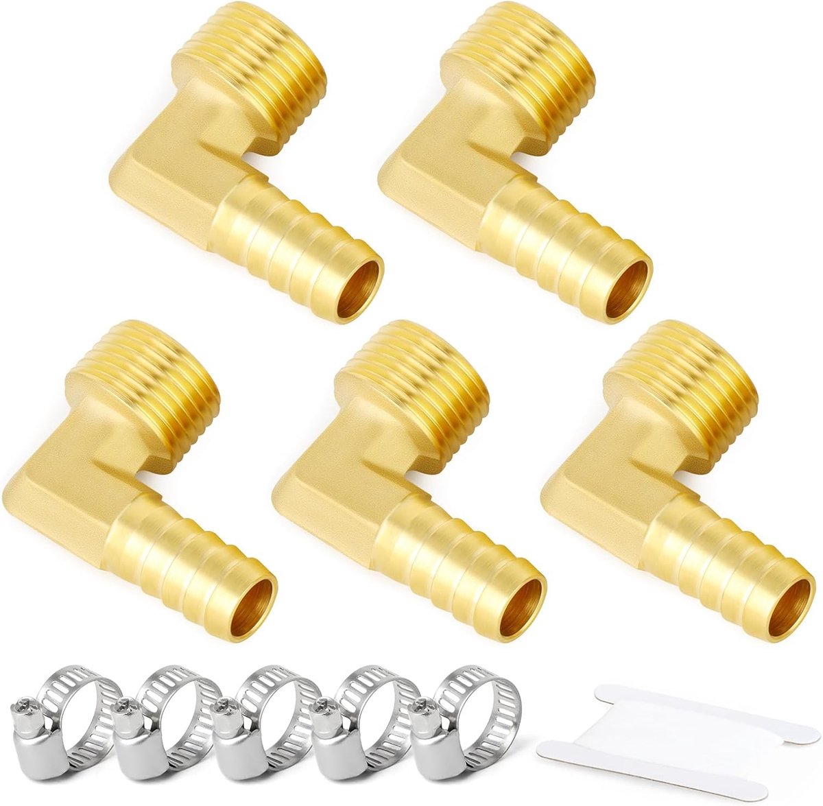 5 stuks messing slangpilaar verloopstuk 90 graden elleboog 1/2 Inch BSP naar 10mm slangpilaar ID met 5 slangklemmen, messing barb verloopstuk SPLICER fitting