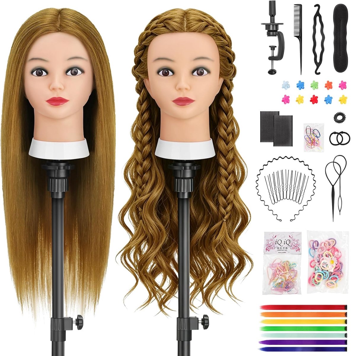Kapperstrainingshoofd, 66 cm 80% Echt Haar Mannequin Hoofd, Pruikenstijlhoofd met Klem en DIY Vlechtset (Lichtbruin)