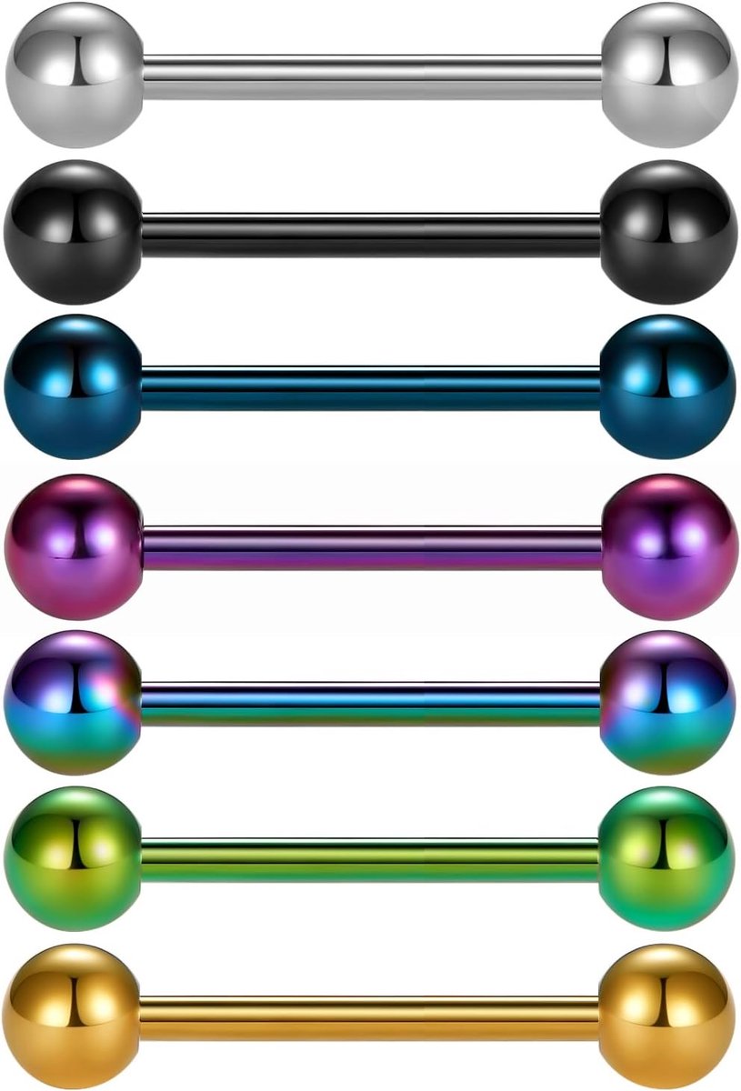 7-10Pcs Titanium Geanodiseerd Chirurgisch Stalen Tong Bars Ring 14G Metalen Tong Piercing Sieraden 12-18mm Barbell, Roestvrij staal, Titanium, Geen steen