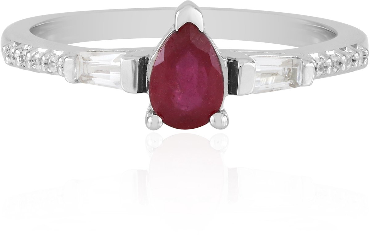 Cavill - Zilveren ring - 925 Sterling Zilver met Platinagoud - Madagaskar Robijn peervormig 0.477 ct - Witte Topaas 0.183 ct - Elegante Luxe Ring