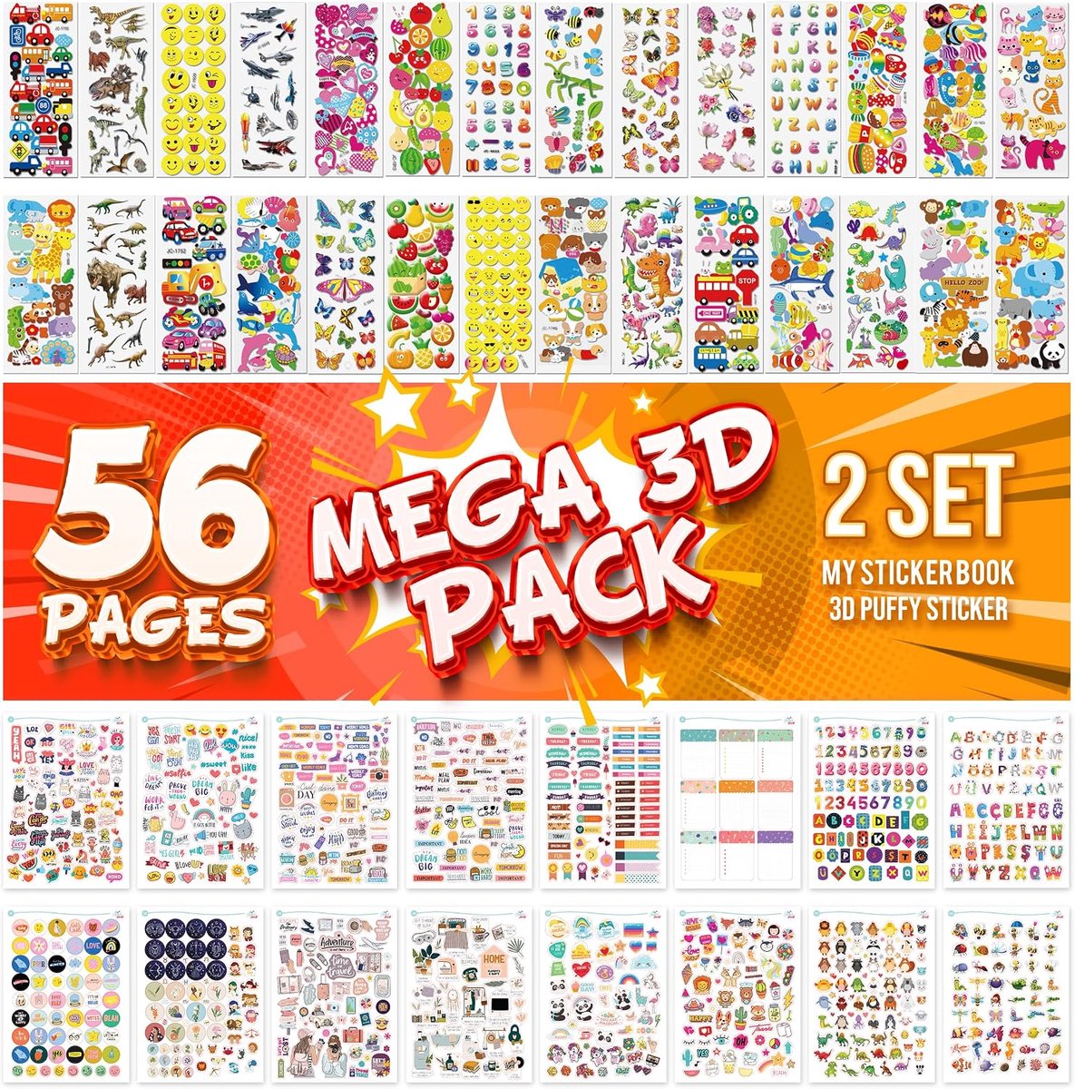colortouch 3D-stickerset, 56 vellen opgeblazen 3D-stickers voor kinderen, kinderstickers, stickeralbum; bullet journal, scrapbook, volwassenen, meisjes, cijfers, letters, dieren, dinosaurussen, auto's