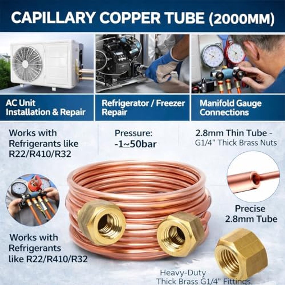 buis, koelbuis Flexibele spoel Koperen buis Koperen capillaire metalen buis voor koelapparatuur 2,8 mm G1/4"(2000 mm)