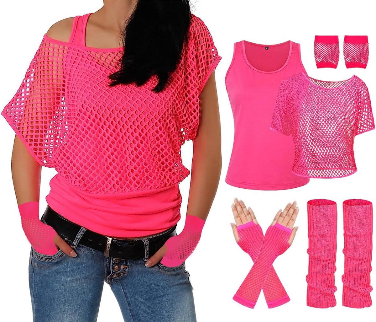 Jaren 80 en 90 Outfit Voor Dames, Neon Geel Tanktop, Mouwloos, Netshirt, Beenwarmers, Nethandschoenen, Aerobic Kleding, Themafeest Accessoires