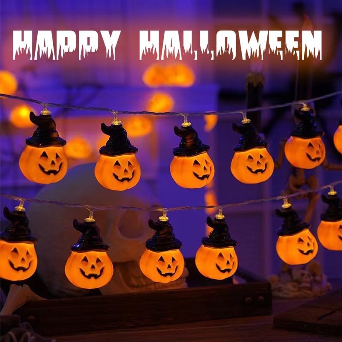 lichtsnoer, 3 meter, 20 leds, Halloween-decoratie, indoor, hoed, pompoen, lichtketting, decoratie voor binnen en buiten, feest, tuin, feesten, Halloween-decoratie (warmwit)