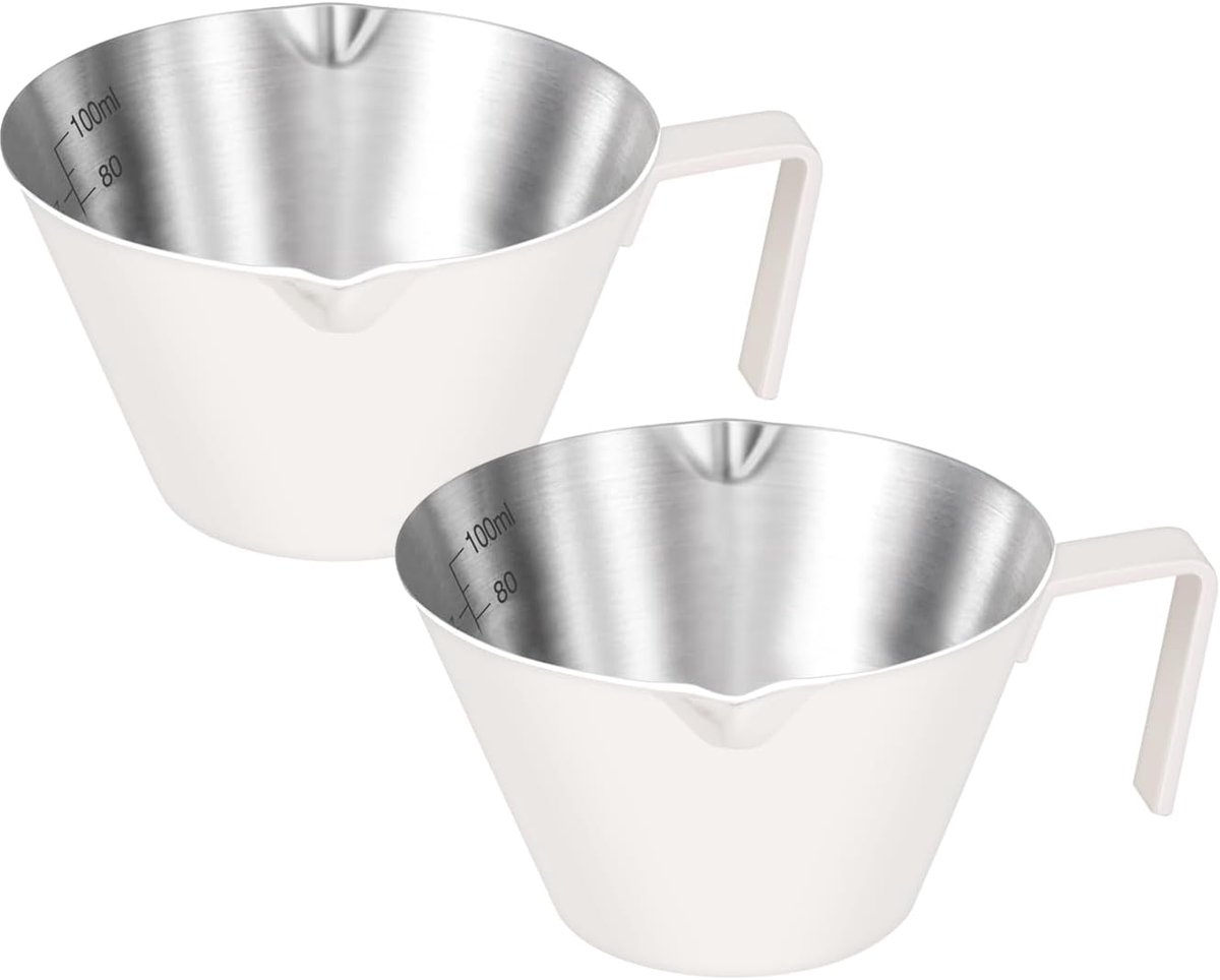roestvrijstalen espressokopjes, espressoaccessoires, dubbele tuit metalen maatbeker met dubbele schaal, espresso shots beker, koffieboon wegen (zilver), 3.4 oz/100 ml (2, wit)