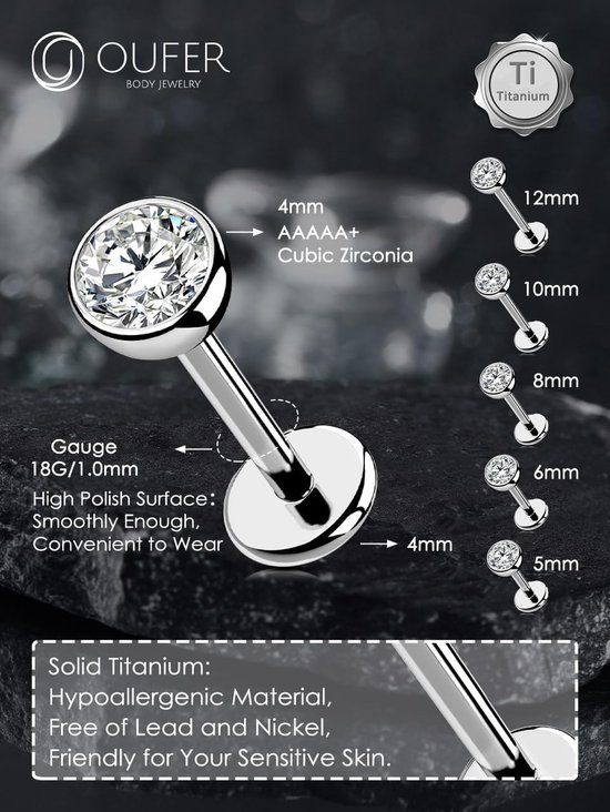 Body Piercing Titanium Threadless Labret Piercing Stud Jewellery 18G 5/6/8/10/12mm Lip Labret Stud Tragus Helix Cartilage Stud Bar Piercing Jewellery — afbeelding 2