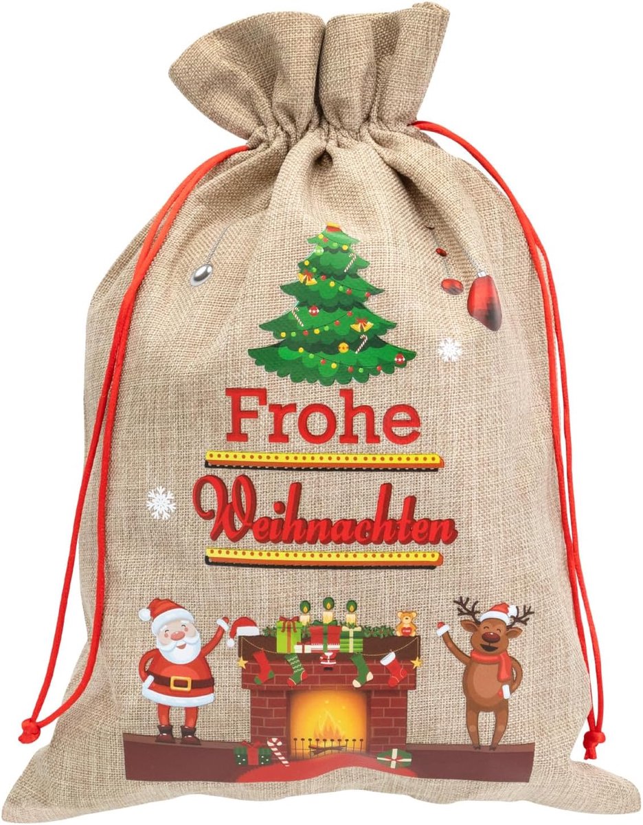 30536 - Kerstcadeauzak ca. 49 x 63 cm, stoffen zakje met kerstmanmotief, rendier en opschrift Vrolijk Kerstfeest, kerstzak met rood koord
