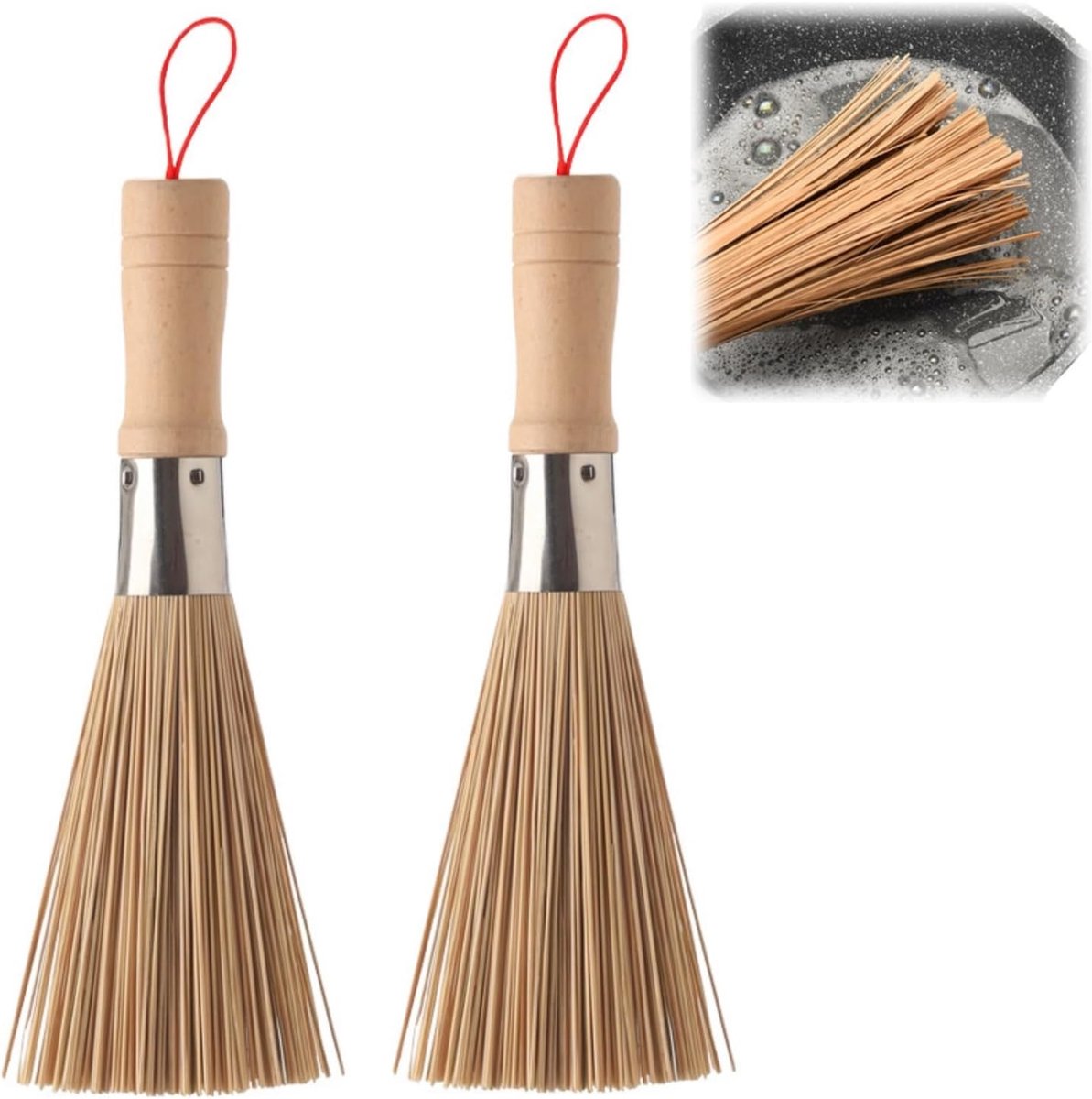 2 stuks reinigingsbezems, wokborstel, groenteborstel, afwasborstel, bamboe, afwasborstel, keukenreinigingsborstels voor het reinigen van potten, pannen, borden en bestek