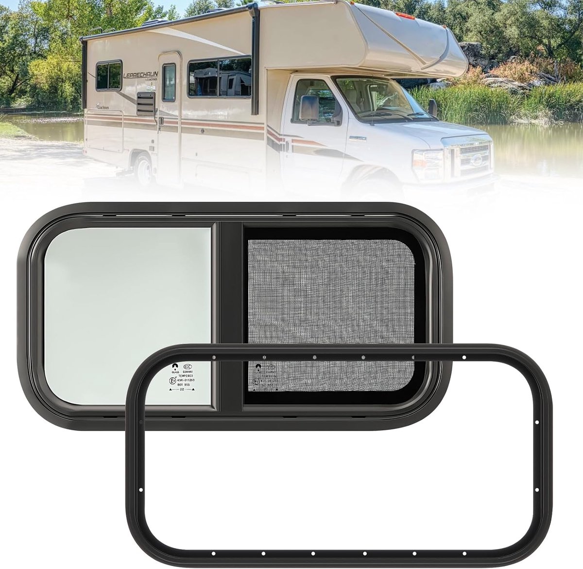 Camperraam, zwart, zijraam, 600 x 300 mm, caravanraam