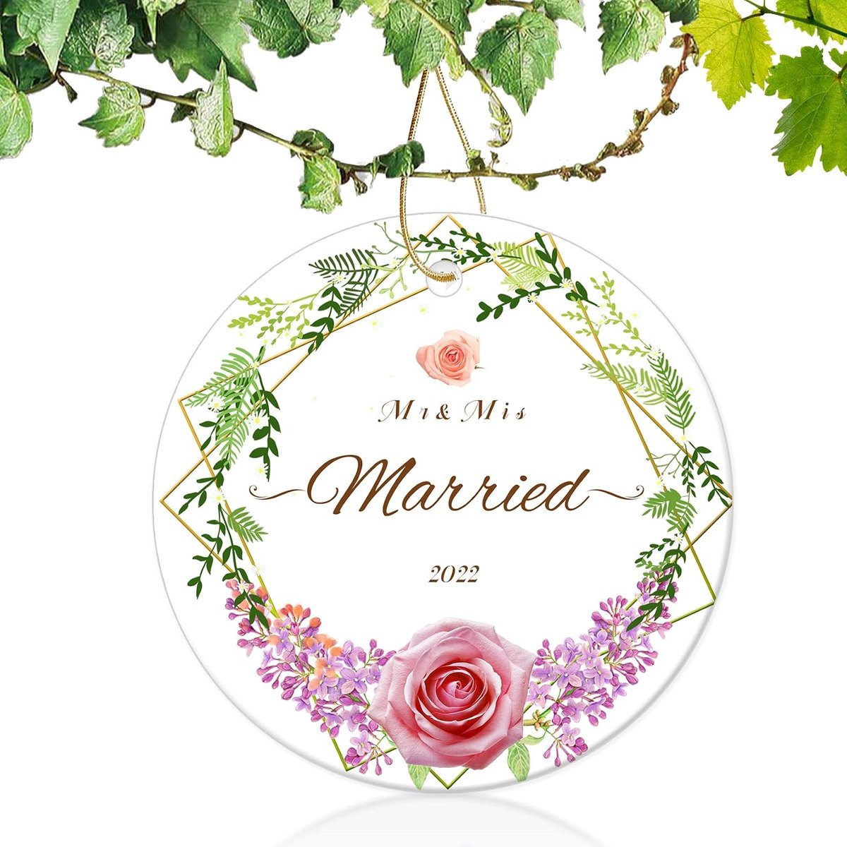 ornament 2022, getrouwd als heer en vrouw, keramische huwelijksaandenken voor vers getrouwd bruidspaar, 7,6 cm, ronde borden om op te hangen