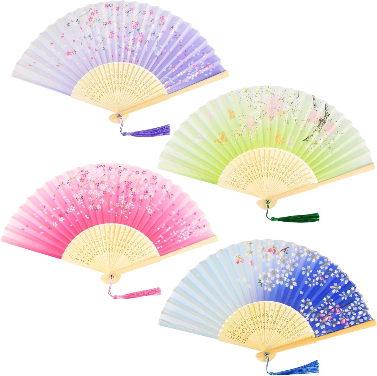 4 stuks hand opvouwbare ventilatoren voor vrouwen, handheld opvouwbare ventilator zijden stof dames fan Chinese Japanse vouwventilatoren met kwastje voor wanddecoratie huwelijksgeschenken