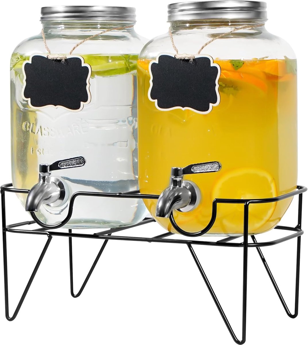 2 x 4 l drankdispenser van glas, met metalen houder | 4 l drankdispenser met roestvrijstalen kraan, waterfontein en cocktail, perfect voor feestjes, bruiloften, verjaardagen