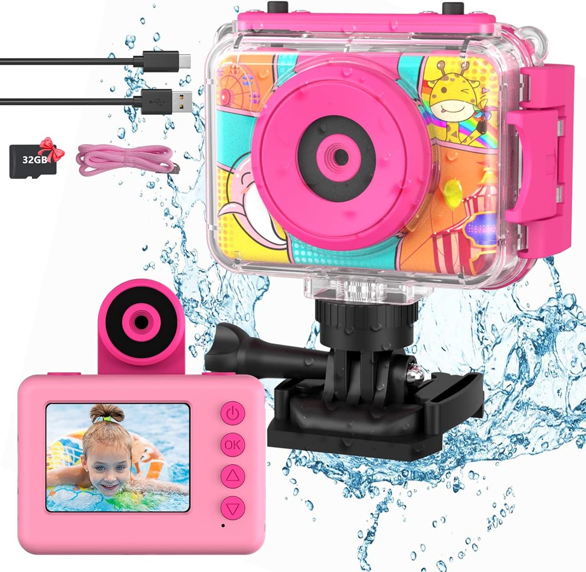 Kindercamera waterdichte camera voor kinderen, 1080p digitale camera, videocamera, selfiecamera, onderwatercamera voor kinderen, met 2,0 inch scherm, cadeau voor meisjes van 3-12 jaar, roze