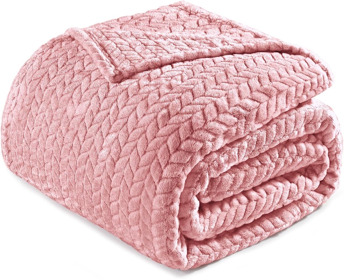 Mezcla Queen Size Flanel Fleece Deken, 230x230 CM Zachte Jacquard Weave Bladeren Patroon Fluwelen Pluche Bed Deken, Roze Deken