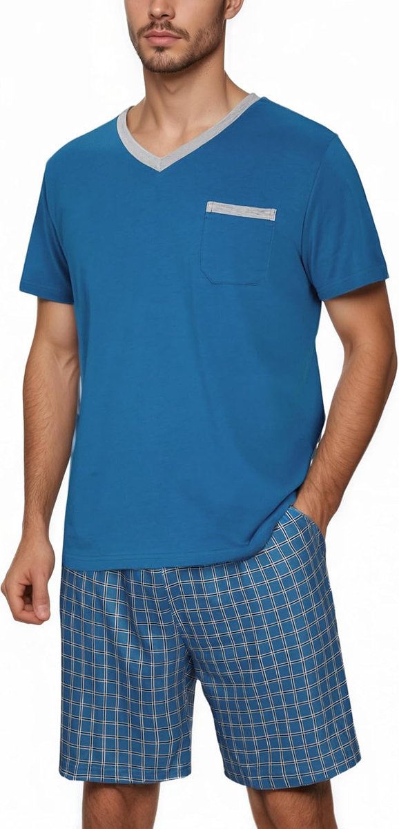 Pyjama voor heren, katoen, korte pyjamaset, loungewear, V-hals T-shirt en geruite shorty broek met zakken, zomernachtkleding, nachtkleding, S-XXL
