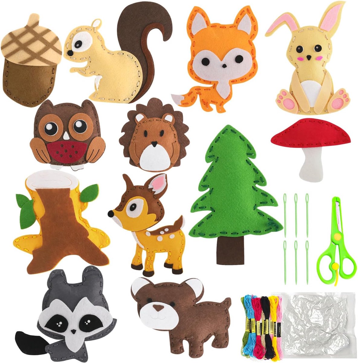 Naaiset voor kinderen, dierenvormen, vilt, naaien voor kinderen vanaf 6 jaar, dierennaaiset, vilten bosdieren, knutselset, naaiset voor kinderen, doe-het-zelf kunst, handwerk voor knuffeldieren