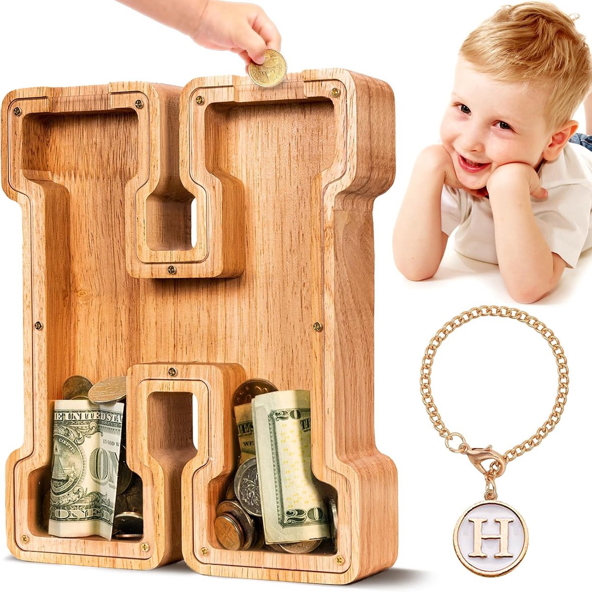 Houten Letter Piggy Bank| Spaarvarken voor Jongens Meisjes Peuter | Alfabet H Money Bank| Coin Bank Verjaardagscadeau voor kinderen|Kindercadeau (Initial-H)
