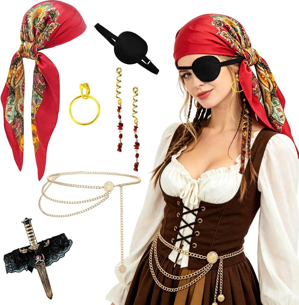 7 stuks middeleeuws piratenkostuum accessoireset dames heren piratenverkleding accessoires hoofddoek oogklep oorbellen halsketting armband heupdoek voor Halloween cosplay party