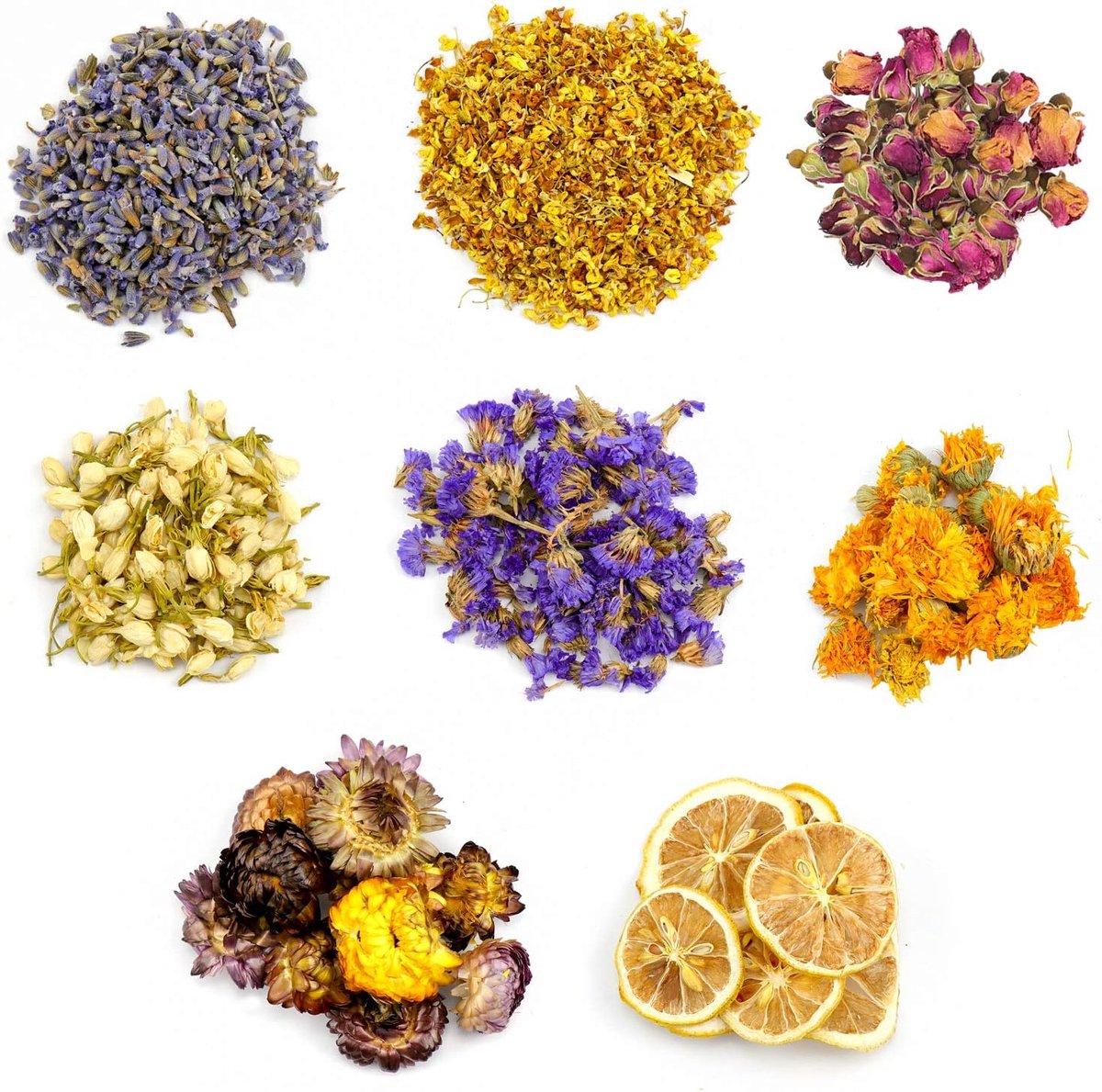 Droogbloemen, 8 soorten natuurlijke bloemen droogbloemenset - citroenschijfje, strobloem, osmanthus, jasmijn, roos, vergeet-mij-nietje, goudsbloem, lavendel voor het maken van zeep en kaarsen