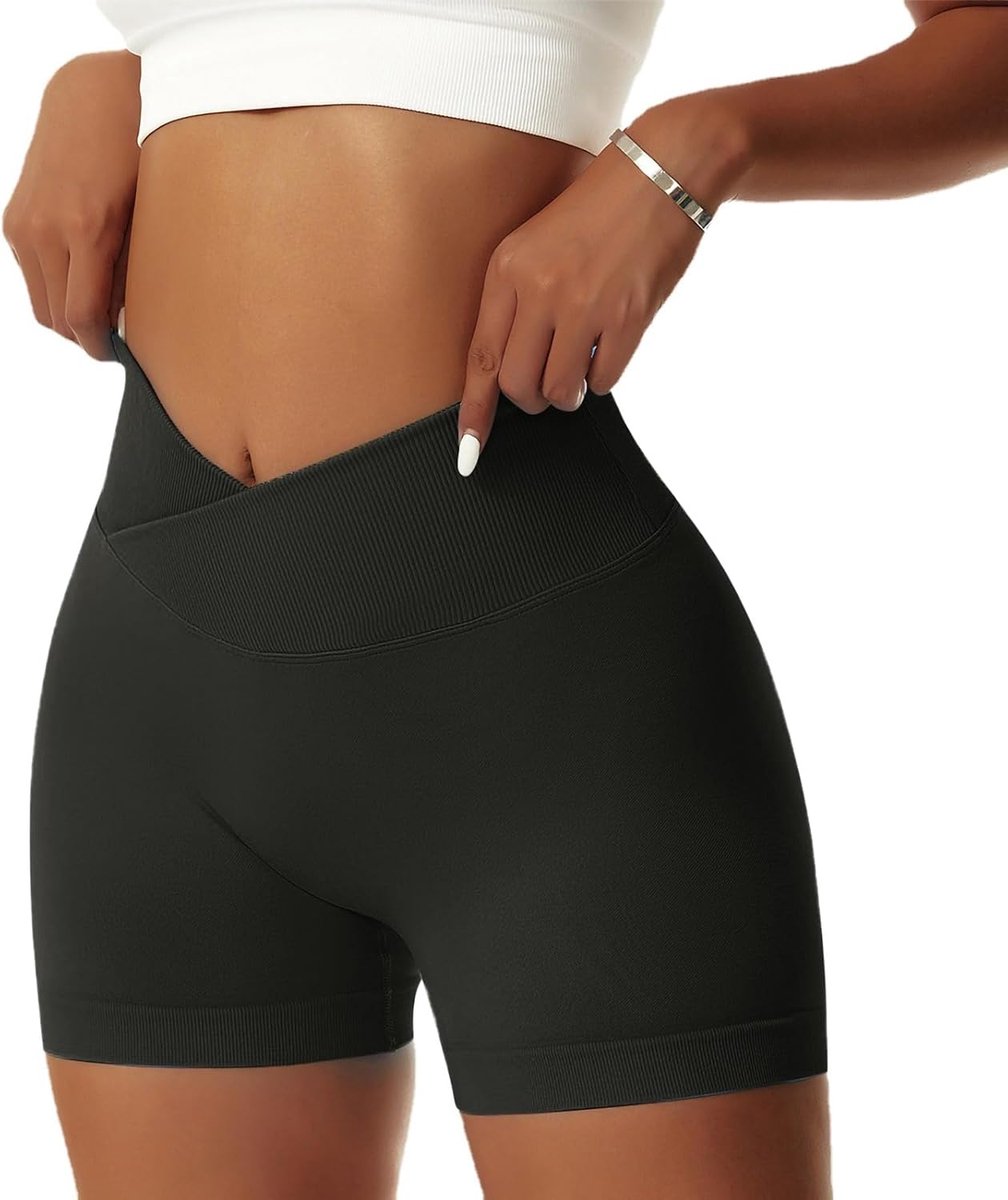 Shorts voor dames, V-hals, cross, stretch, push-up, yoga, shorts, booty, scrunch, fitnessbroek, kort, hoge taille, naadloos, work-out, sportshorts, butt lift, korte leggings, zomer