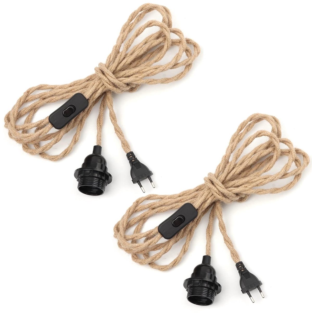 2 paar E27 lampfitting, hanglamp met stekker, 4,5 m lampenkabel, henneptouw, textielkabel met schakelaar, schroefring, lampvoet voor doe-het-zelf staande lampen, vintage hanglampen, kroonluchters