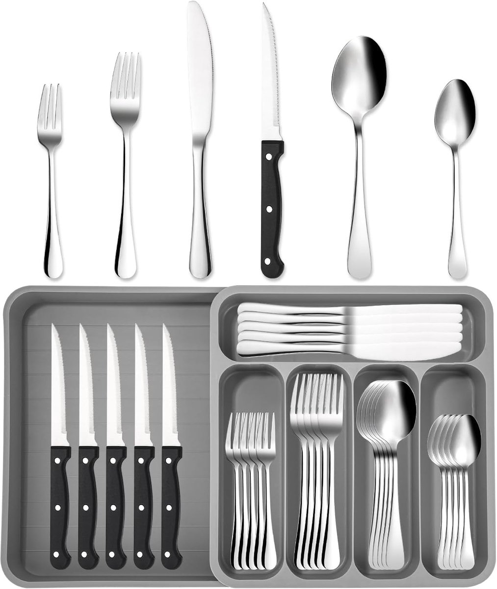 Bestekset voor 12 personen, 36-delig, roestvrij staal, met steakmes, elegant bestek, hoogglans gepolijst en vaatwasmachinebestendig, met mes, vork, lepel, voor thuis, feest, restaurant