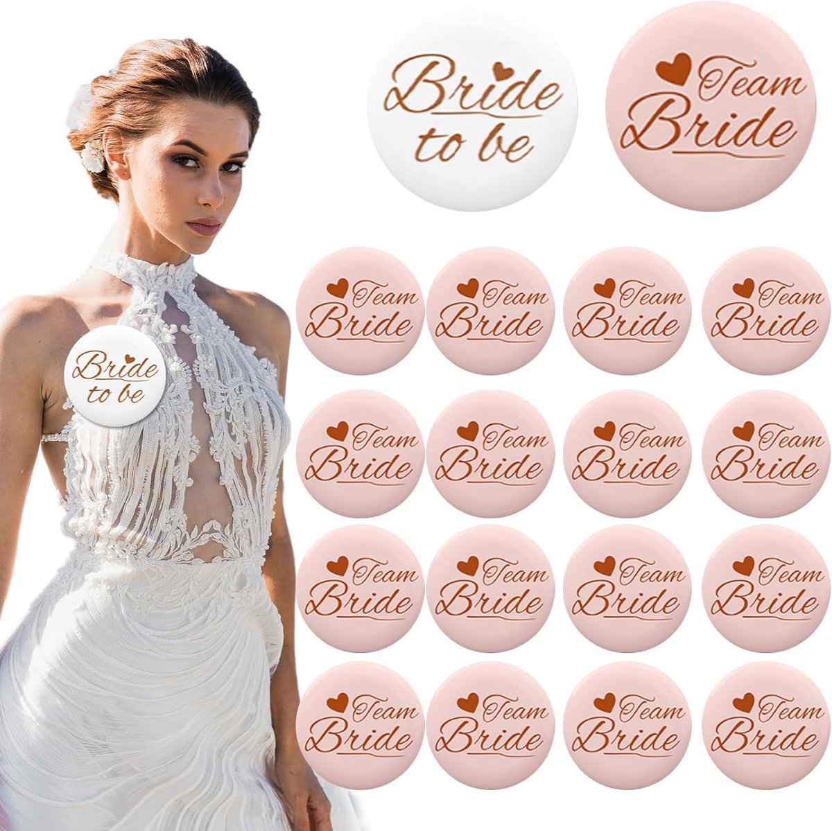 18 Pack Rose Gold Hen Party Badges 17 Team Bruid Badges + 1 Bruid Badges + Moeder van de Bruid & Bruidegom Geschenken Hen Party Bag Fillers Bloemen Accessoires Bruiloft Bachelorette Party Decoraties
