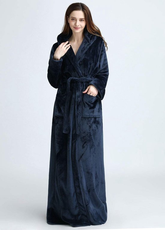 Lange ochtendjas met capuchon voor dames, winter, warme badjas fleece, flanel, pluizig nachthemd, pluche kraag, nachtkleding, paars, grijs, blauw, rood, nachthemd, lichte huismantel, blauw, L — afbeelding 5