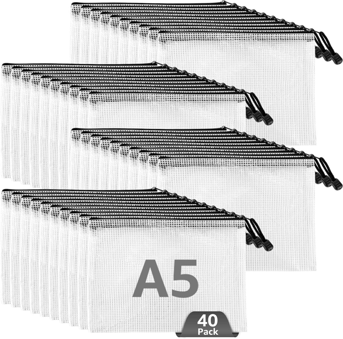 40 stuks documentenvakken A5, documentenmap met ritssluiting, mesh en kunststof, met rits, A5, documententas voor bestanden, papier, documenten, cosmetica, huiswerk (zwart)
