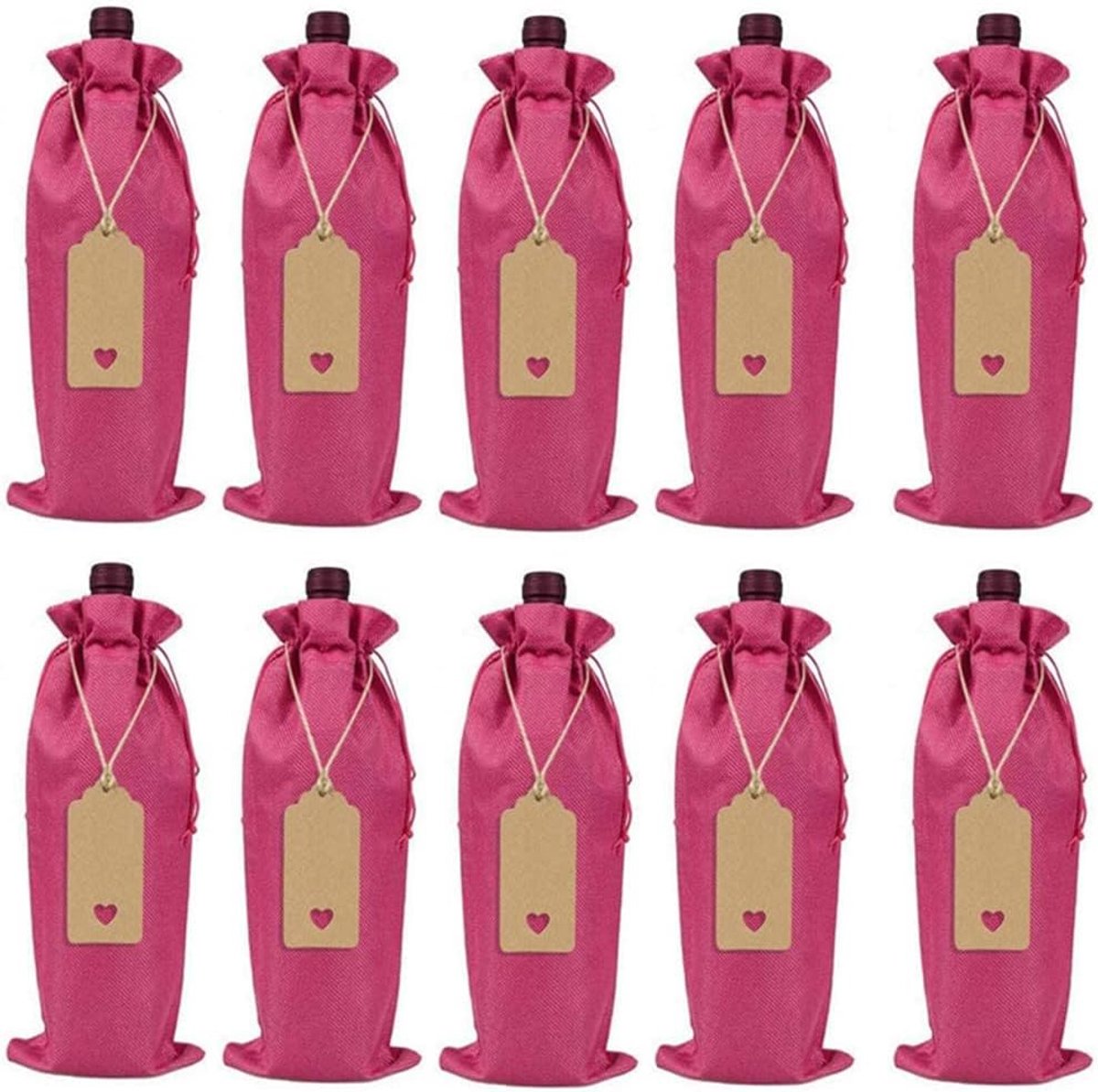 12 x wijnzakken, zaklinnen, wijnzak, flessenzakken, wijnfles, cadeauzakjes met trekkoord, wijncadeautas, touwen en hangers voor bruiloft, Kerstmis, verjaardag, feestdecoratie, 14 x 37 cm, roze