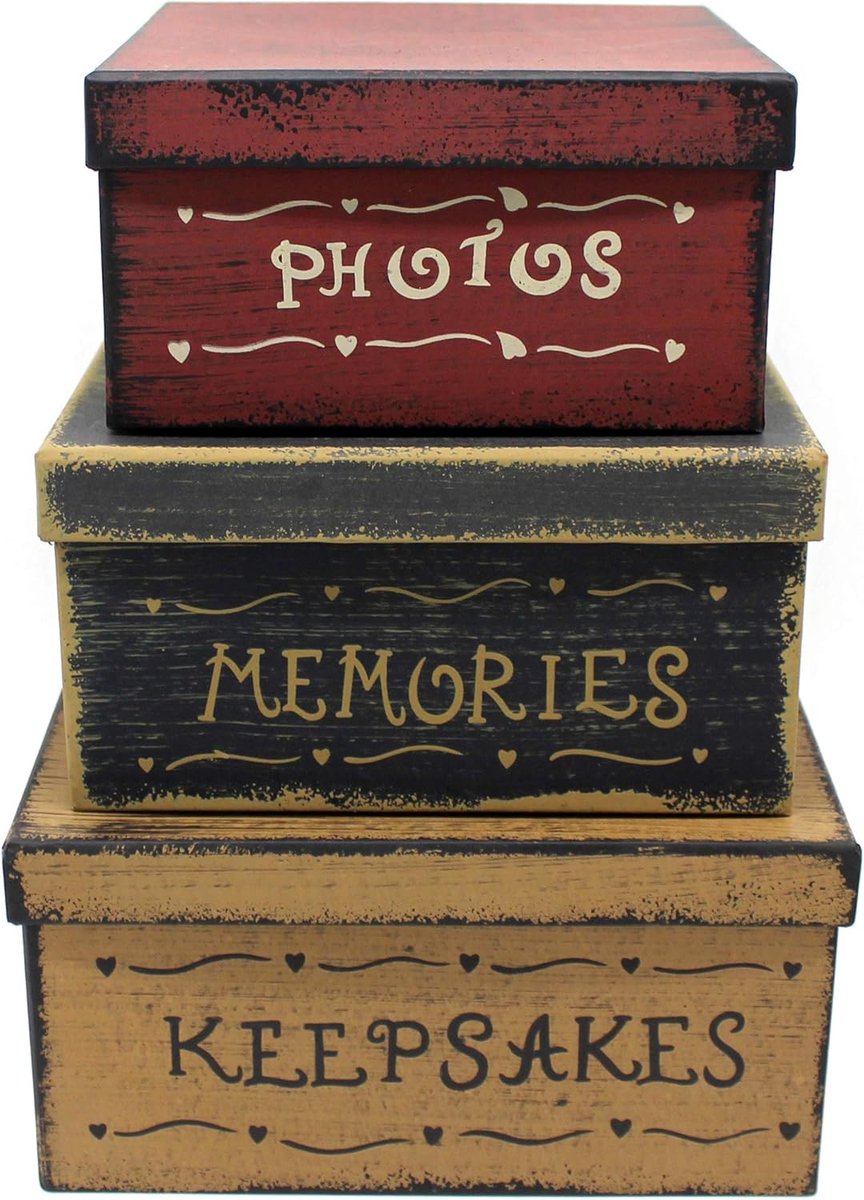 Primitieve vintage vierkante foto's, herinneringen, aandenken, kartonnen nestdozen, grote 9 x 9 x 4-1/2 inch. Set van 3.