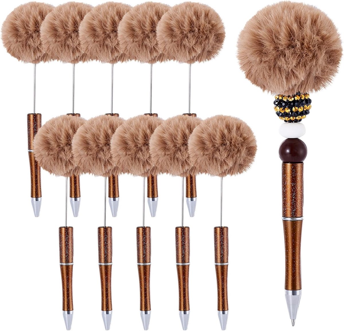 10 Stks Fluffy Balpennen Pluizige Balpen Bedraadbare Pen Pom Pom Balpennen Voor DIY Gepersonaliseerde Pen Decoratie School Kantoor Schrijfbenodigdheden, Camel