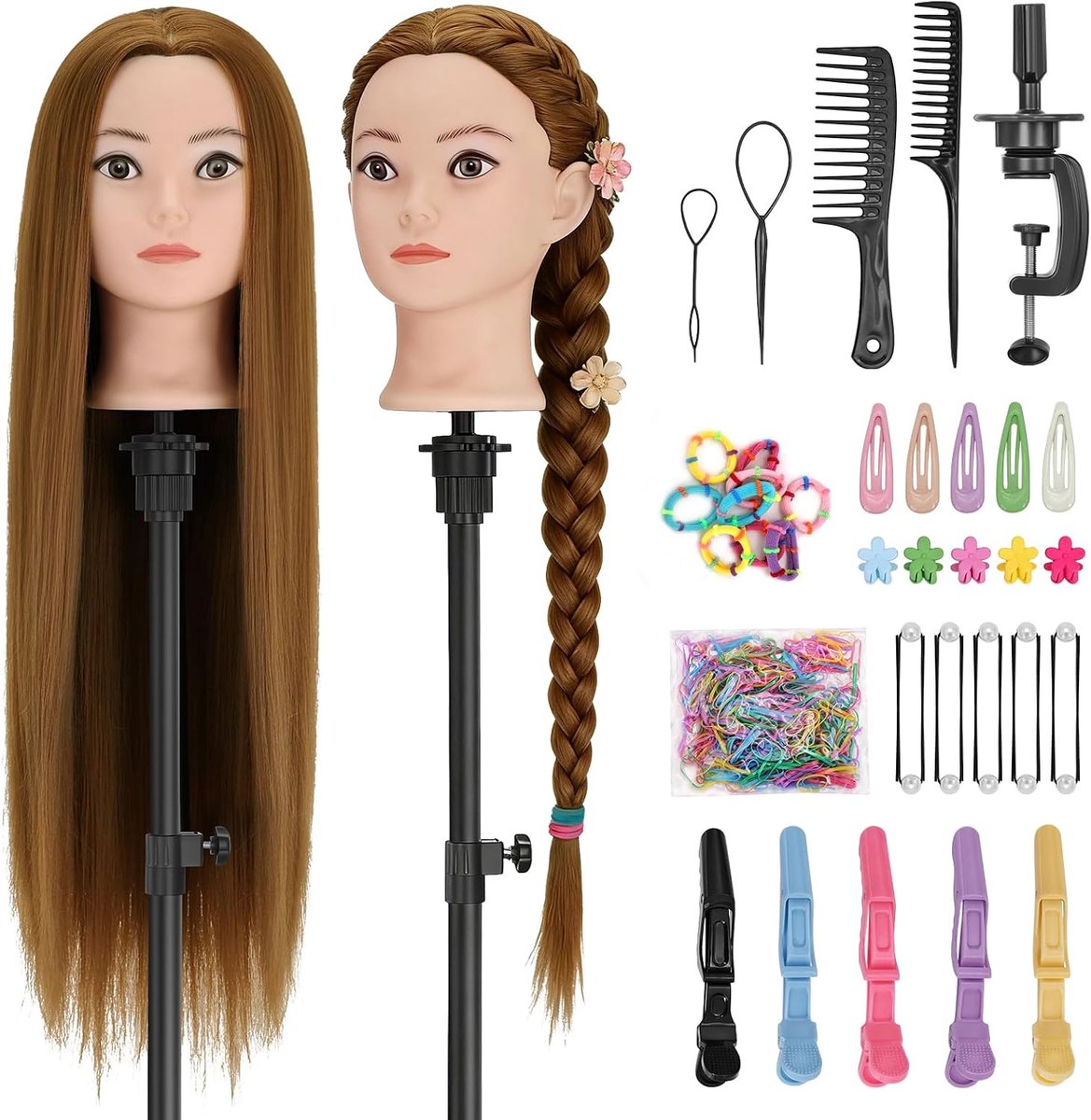 kappershoofd met oorgaten, 71 cm (28 inch) 100% synthetisch mannequin kappershoofd, trainingshoofd voor kappers voor styling & kapperspraktijk met DIY haarstijlset (bruin)