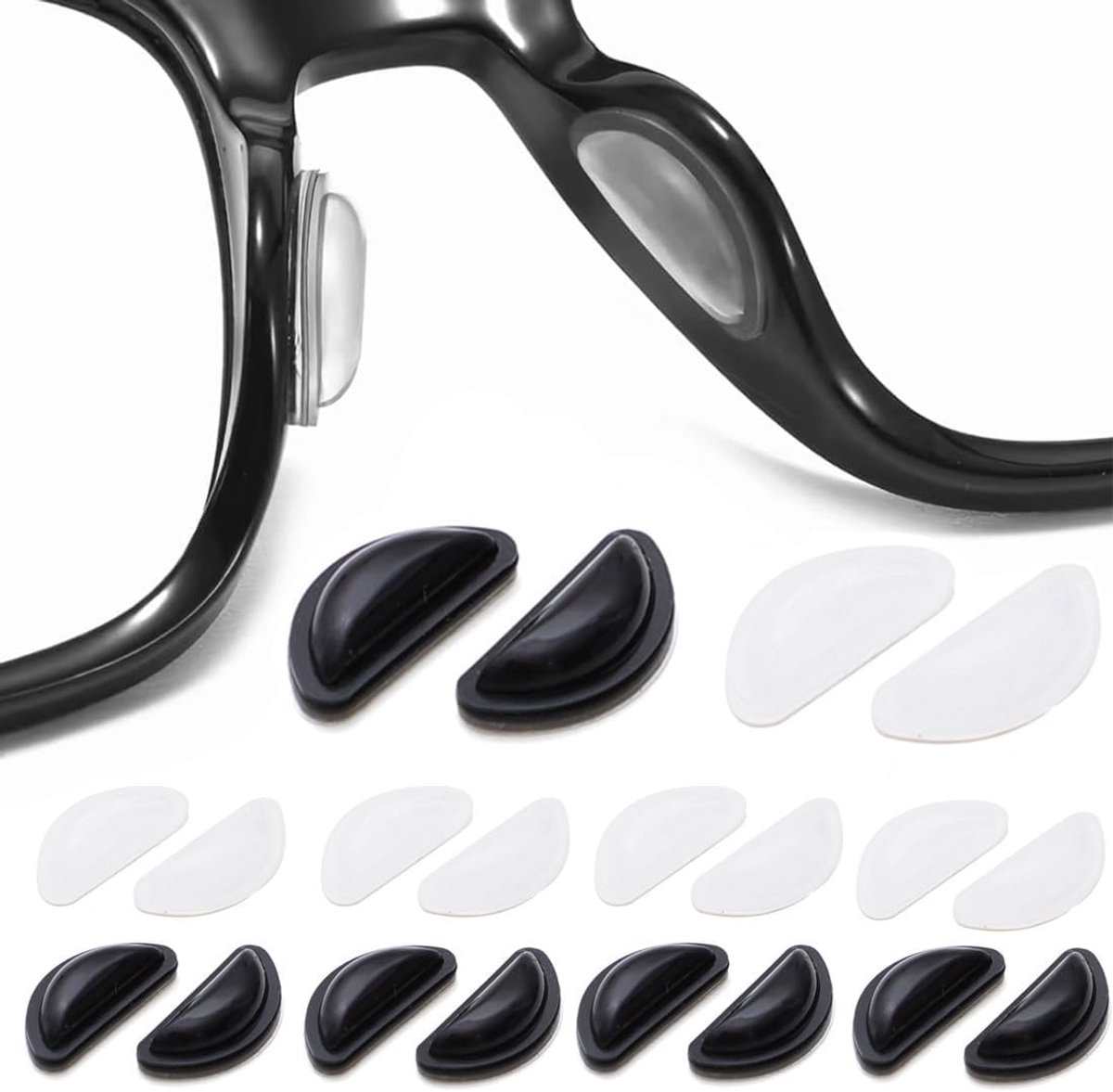 neuspads voor brillen, siliconen, neuspads voor brillen, antislip, voor bevestiging aan brillen en zonnebrillen (transparant, zwart)