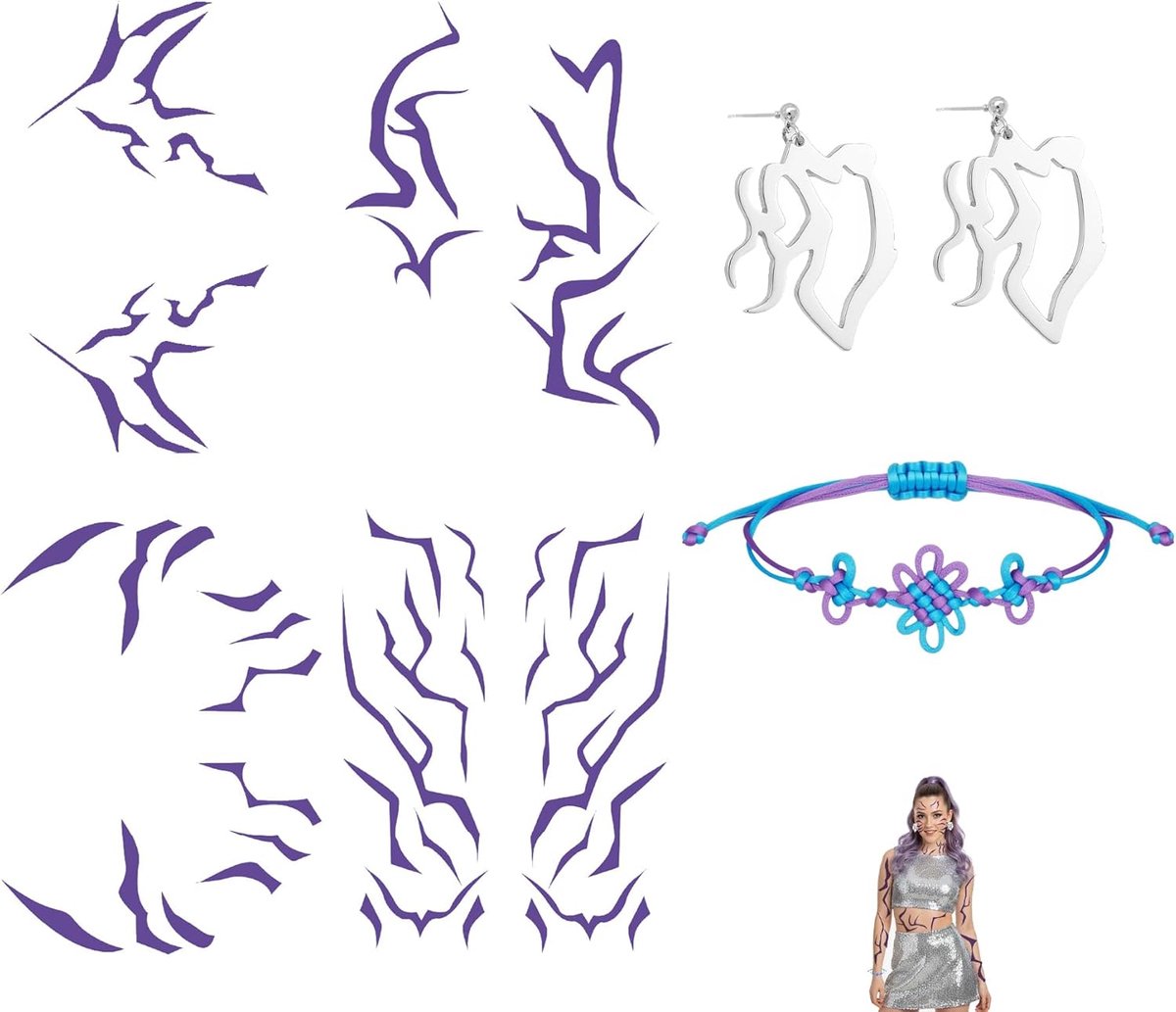 Tijdelijke Tatoeages,4 Stuks Rumi Tijdelijke Tatoeage Stickers, Anime Cosplay Tatoeage Halloween Accessoires met Geweven Armband en Oorbellen, Cadeaus Voor Fans Decor