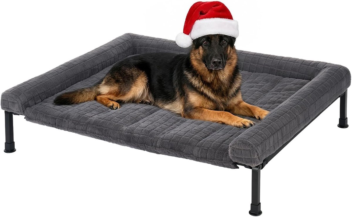 Verhoogd hondenbed xl wasbaar voor grote honden, pluizig verhoogd hondenbed met afneembare steun, extra grote hondenslaapbanken voor buiten met antislipvoeten, grijs, 114 x 86 x 20 cm