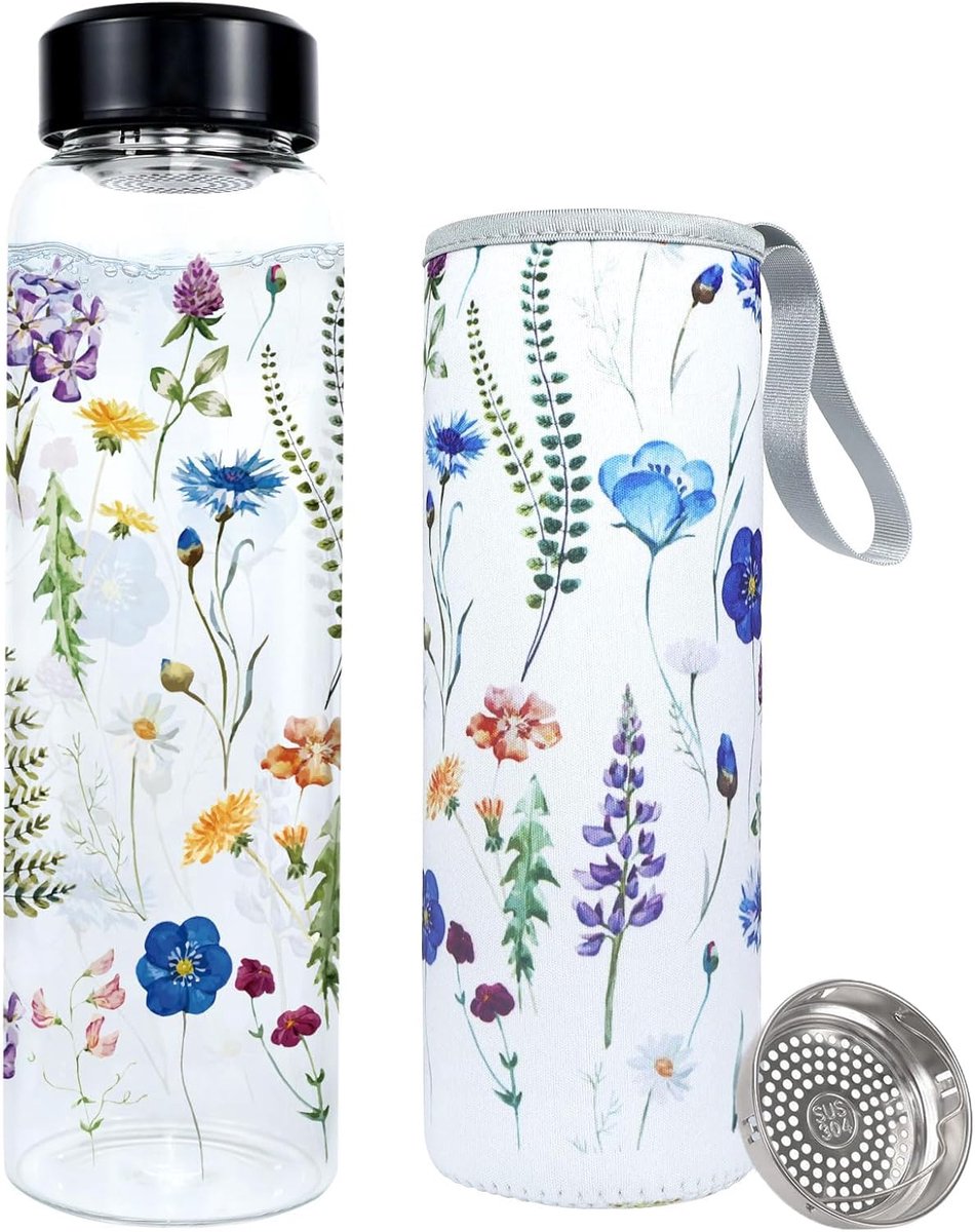 1 Liter/1000 ml Glazen Waterfles,5,5 cm Brede Hals,Glazen Waterfles met Beschermhoes Roestvrijstalen Zeef,Bpa-Vrij,Lekvrije Koolzuurhoudende Drinkflessen,Geschikt voor Sport Kantoor (Blauw-Paars)