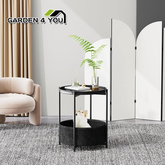 Bijzettafel, rond, salontafel, 2 niveaus, metalen balkontafel, kleine tafel, salontafel met mand van stof, woonkamertafel, bijzettafels, nachtkastje voor slaapkamer, woonkamer (zwart) — afbeelding 3